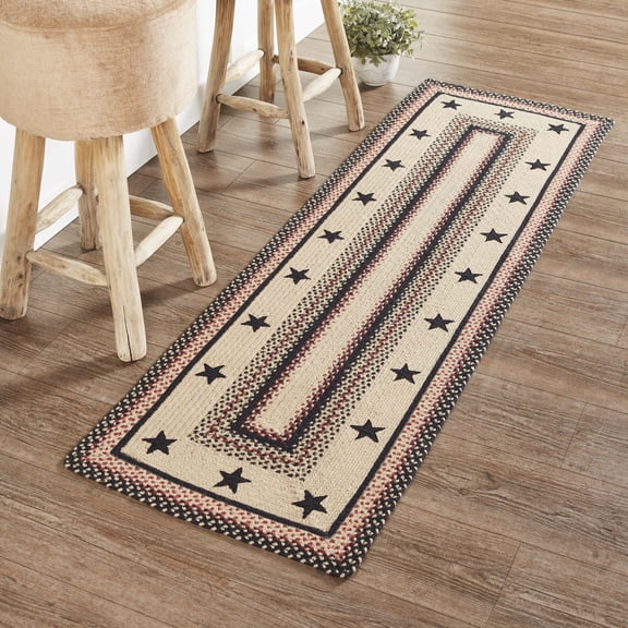 VHC Brands Colonial Star Rug Hall Runner with PVC Pad, Jute Blend, Rectangle, Tan Black Red, 22x72 inches