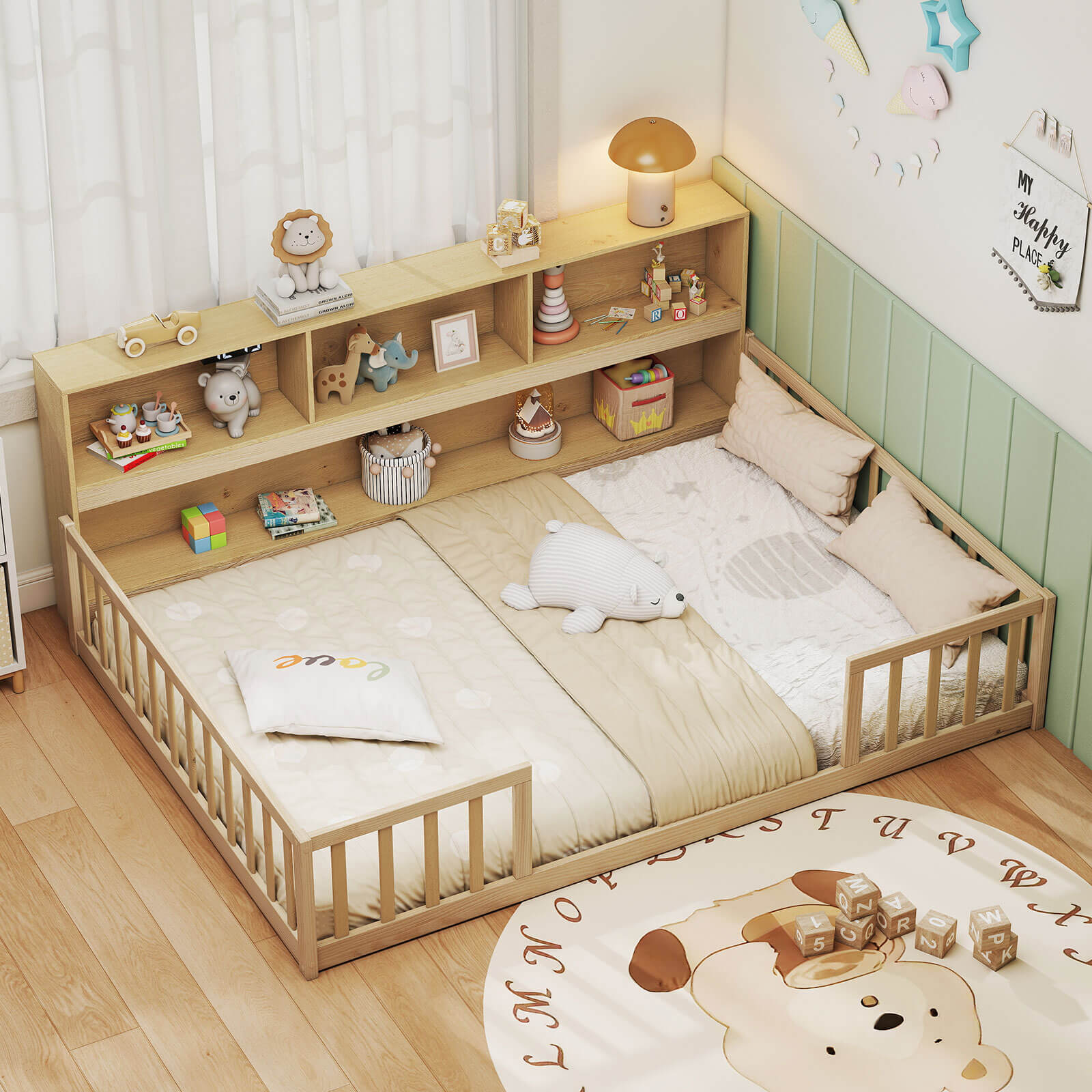 Costway Full Size Montessori Floor Bed with Bookcase Storage Shelves & Safety Fence Rails Natural
