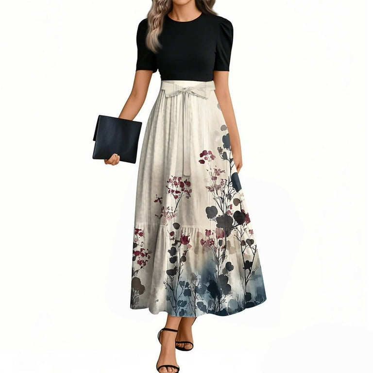 TQWQT Floral Dress for Women Short Sleeve Floral Print Casual Work