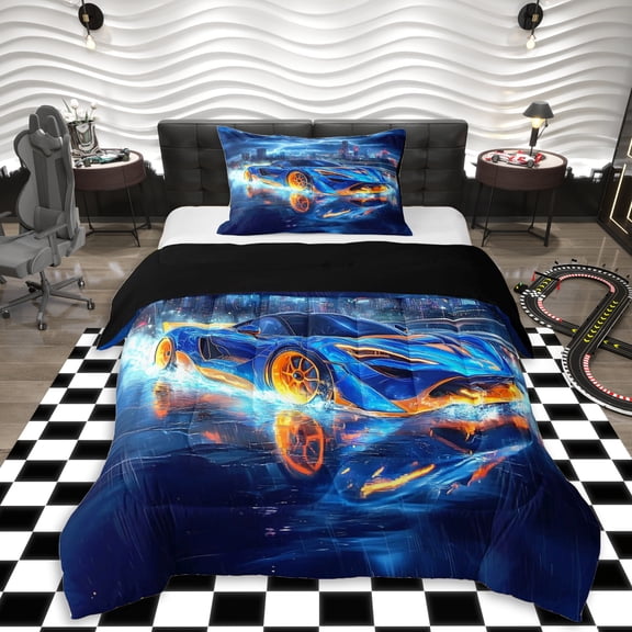 Erosebridal Blue Fast Car Twin Comforter Sets 3-Piece For Kids Boys,Car Theme Bedding Set For Teens,Black Reversible,Luxury Bedroom Decor
