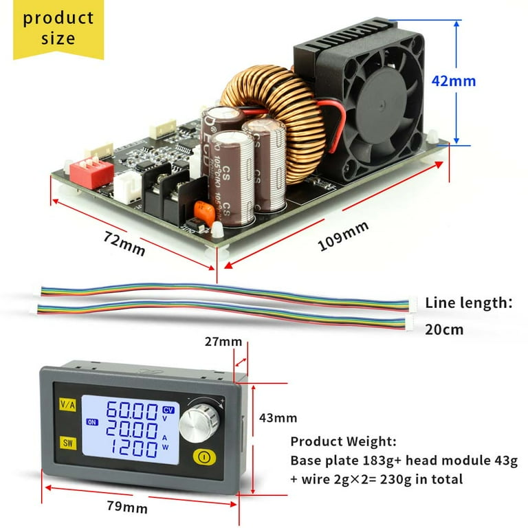 LCD Display Adjustable Direct Current Stabilized Voltage Power Supplys  Constant Voltage and Constant Current 20A 1200W Step-down Module