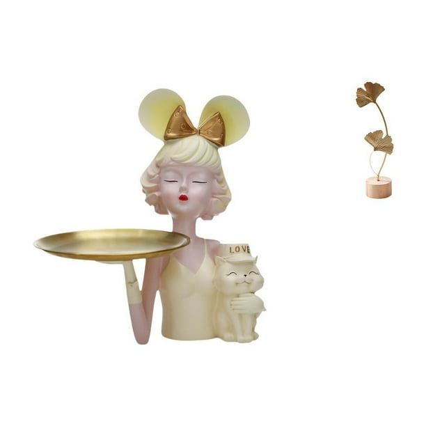 Figura De Niña De Arte Moderno Con Bandeja Para Guardar Llaves En Forma De Hoja, Escultura Creativa De Resina Y Metal Para Dormitorio, Mesa, Entrada, Decoración Del Hogar, Adorno Abstracto