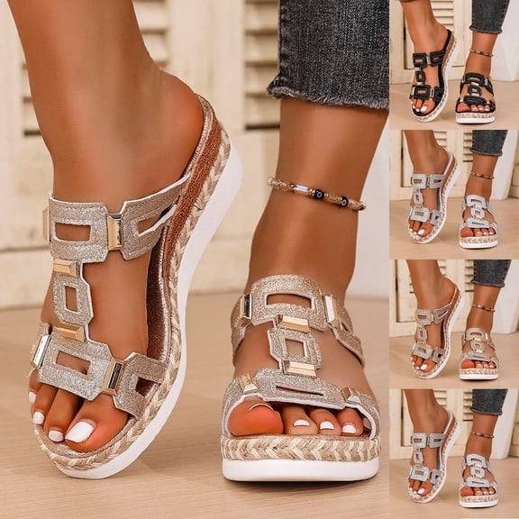 Vibrex Women's Thick-Soled Sandals Women's Fashionable Casual Versatile Plus-Size Solid Color Round Toe Open-Toe One-Foot Wedge Sandals For Travel,Daily,Vacations,Part,Dates,Work_Gold_5.5