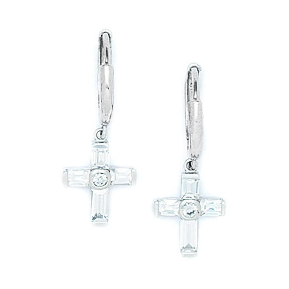 Sterling Silver Rhodium Plated Cubic Zirconia Cross Drop Hinged Earrings - Measures 26x10mm