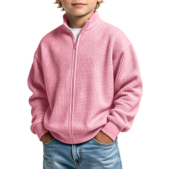 SERTGUTR Boys Waffle Knit Jacket Full Zipper Stand Collar Long Sleeve Ribbed Cuffs Solid Color Casual Top Everyday School Fall Winter Coat