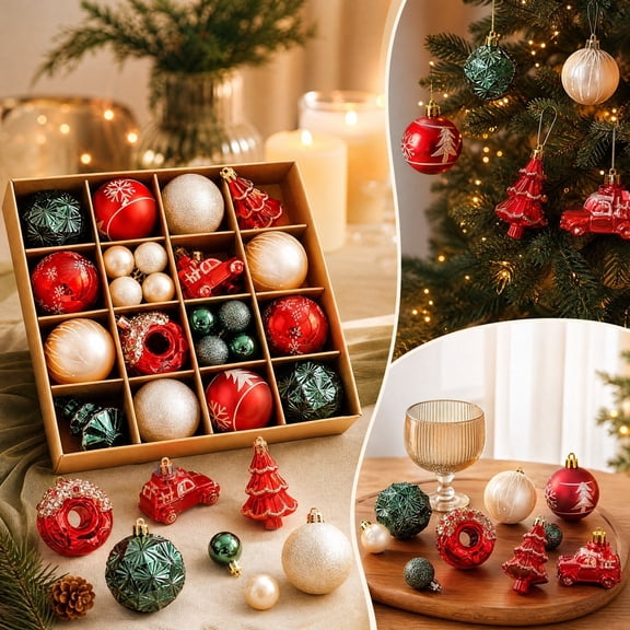 "32 Pack Shatterproof Christmas Ball Ornaments, Plastic Glitter Hanging Tree Decorations for Holiday Party and Winter Home Decor"