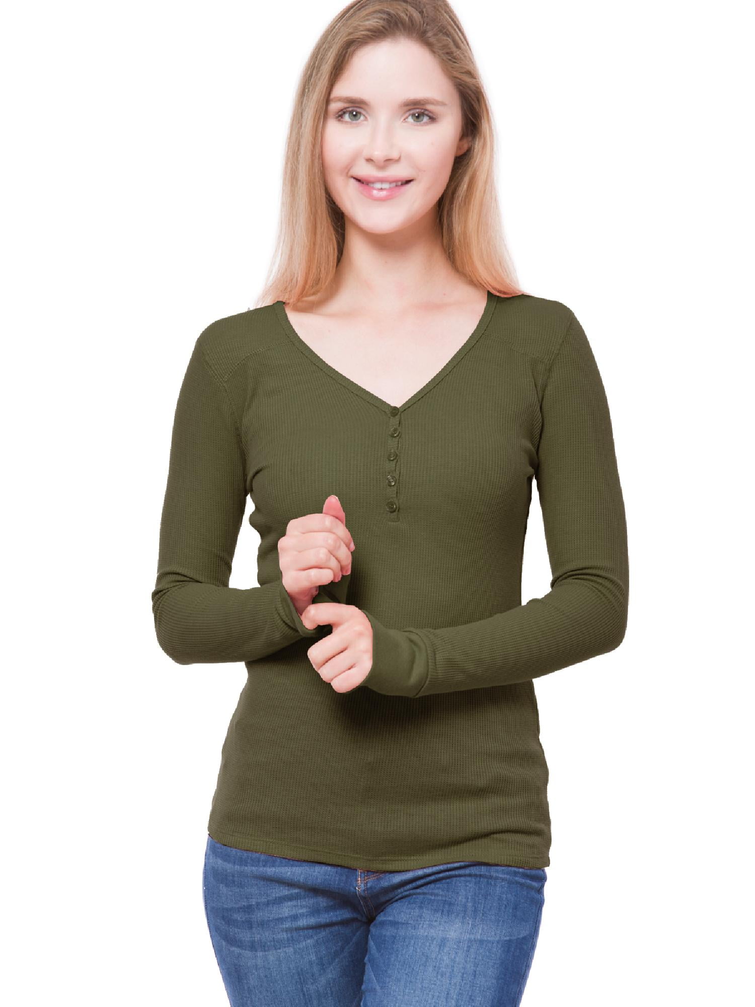 MixMatchy Women's Solid Long Sleeve VNeck Half Button Down Thermal