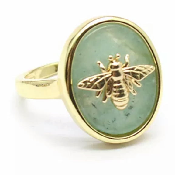 MATROOY Natural Oval Stone Ring Vintage Golden Bee Crystal Quartz Open Ring Adjustable-Aventurine