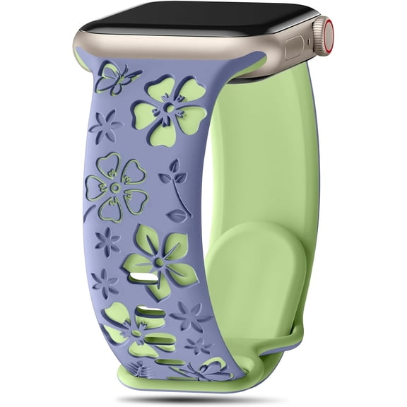 Floral Engraved Band Compatible with Apple Watch Band Women 40mm 38mm 41mm 42mm 44mm 45mm 46mm 49mm, Soft Silicone Two-Tone Flower Sport Strap for iWa