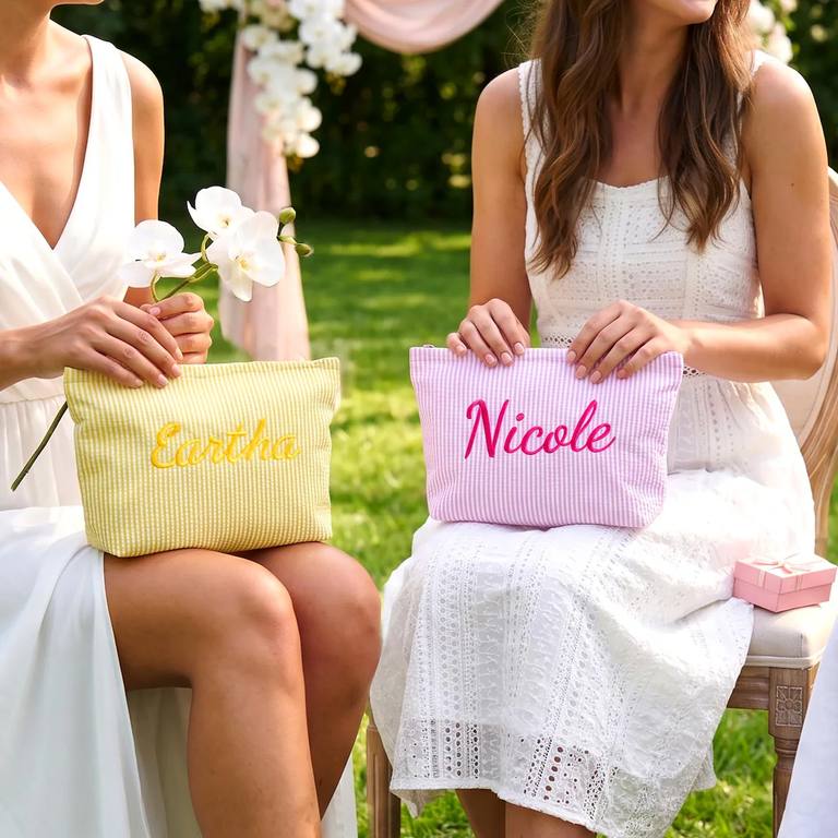 personalised bridesmaid dress bags Monogrammed Seersucker Makeup Bag, Custom Makeup Bag, Vacation Travel Pouch, Makeup Organizer, Bridesmaid Gift, Cosmetic Gift for Her Size Size