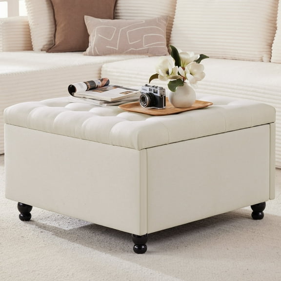 Weture 29.5 Inch Oversized Square Linen Tufted Upholstered Storage Ottoman Coffee Table, Beige