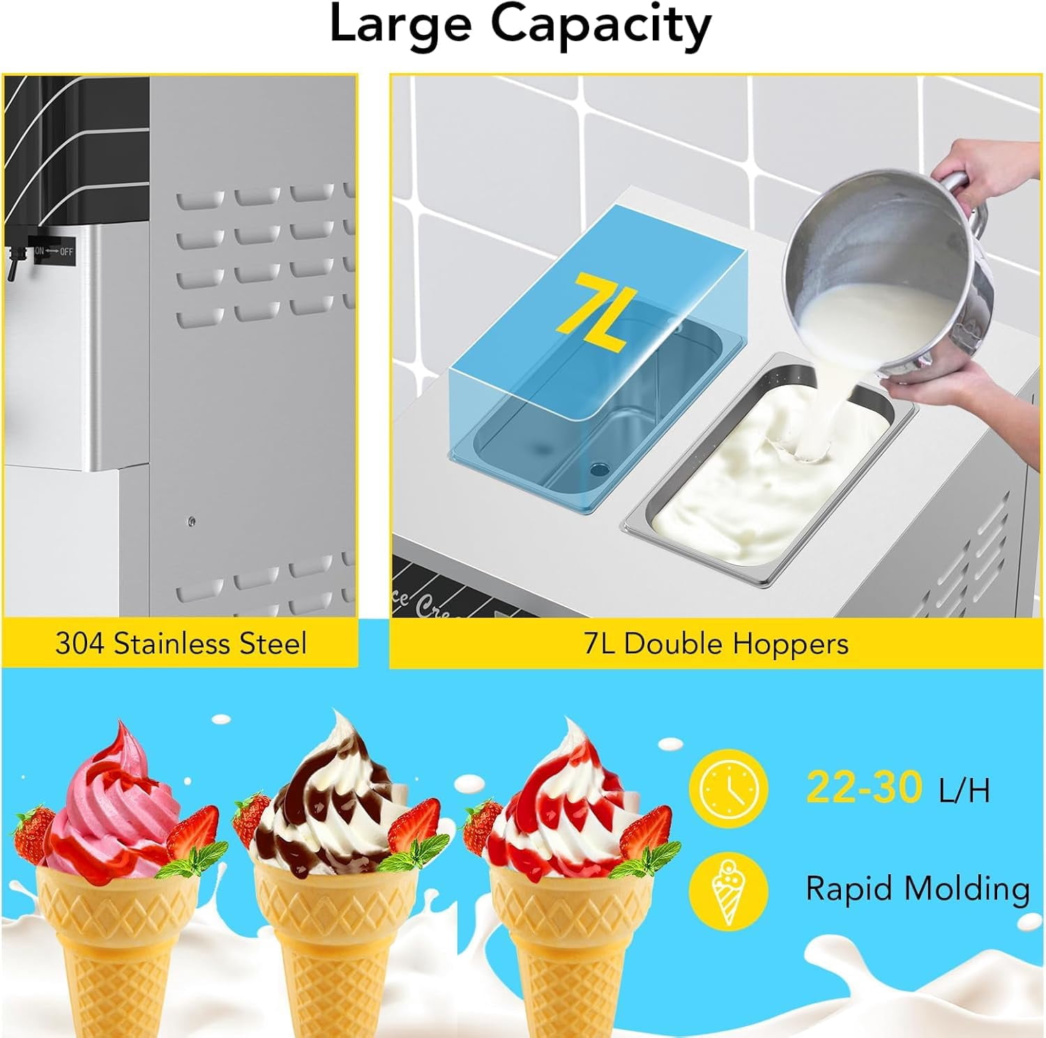 Commercial Soft Serve Ice Cream Machine-2200W Commercial Ice Cream Maker, Fast Cooling, One-Click Cleaning for Cafe, Restaurant and Bars