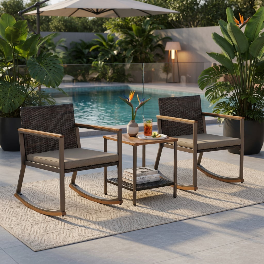 Hommoo 3-Piece Outdoor Rattan Rocking Bistro Set, Cushions, Acacia Wood Coffee Table, PE Rattan Chairs with Ergonomic Design, Gray