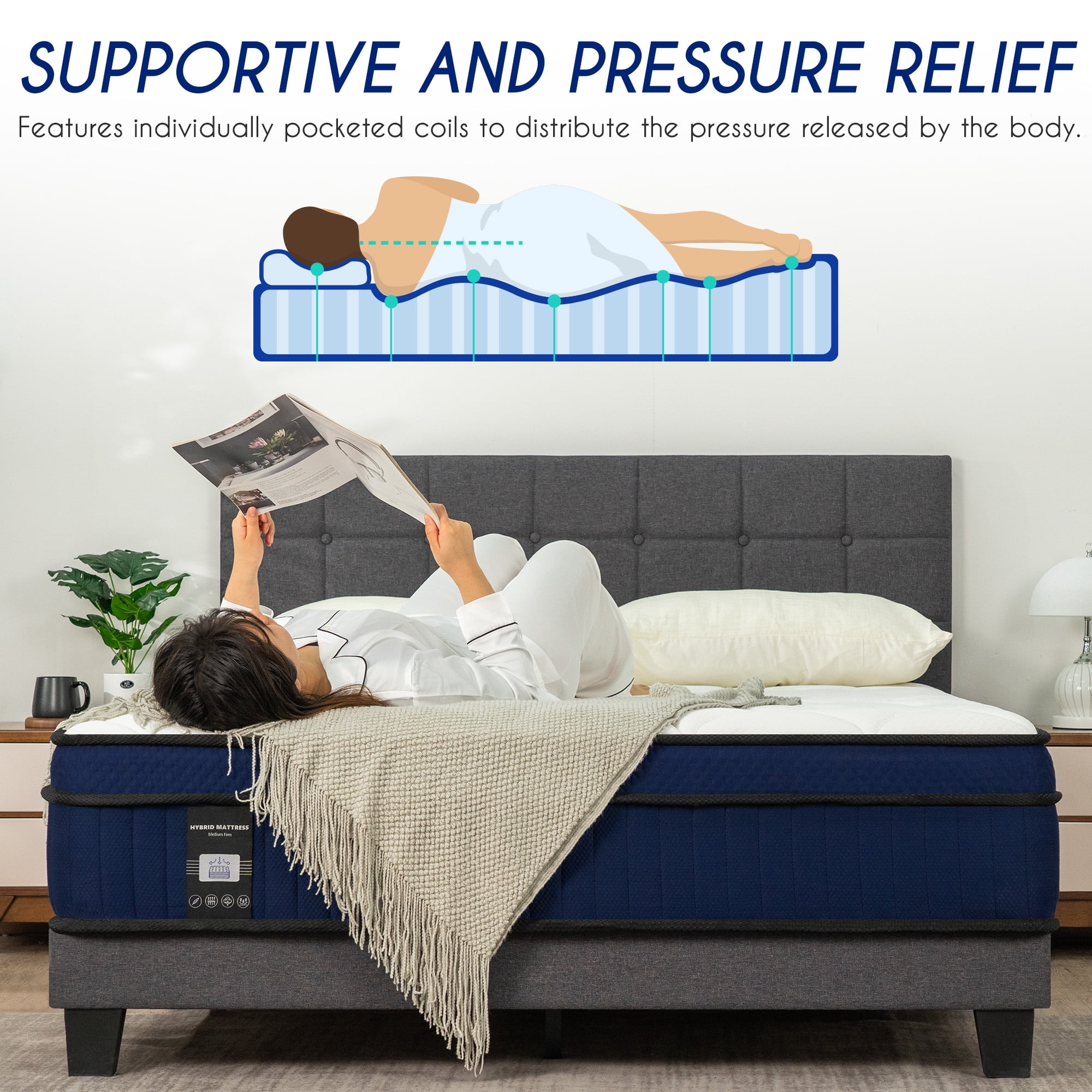 12'' Full Size Mattress, QUEEN ROSE Hybrid Firm Mattress in a Box with Gel Memory Foam, Individually Wrapped Pocket Coils Innerspring, Pressure-Relieving and Supportive, Mattress Full