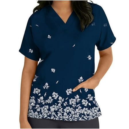 

Summer Savings! Fheaven Women Scrub Top Summer Short Sleeve V-neck Tops Uniform Printed Pockets Nursing Blouse Navy XL On Clearance!