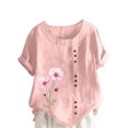 thumbnail image 2 of Lydiaunistar Hauts d'Été pour Femmes Blouse en Lin Décontractée Col Rond Polyester Mode Grande Taille Manches Courtes T-shirt à Boutons, 2 of 4