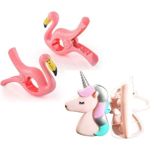 2 Set (4 Ct) Pink Flamingo / Pink Unicorn Beach Towel Clips Jumbo Size for Beach Chair, Cruise Beach Patio, Pool Accessories for Chairs, Household Clip, Baby Stroller