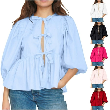 Jinhomg Womens Lace Up Peplum Tops Cute 3/4 Puff Sleeve Bow Tie Front Shirt Ruffle Hem Babydoll Blouse Trendy Summer Going Out Blouses Spring Saving Pink XL