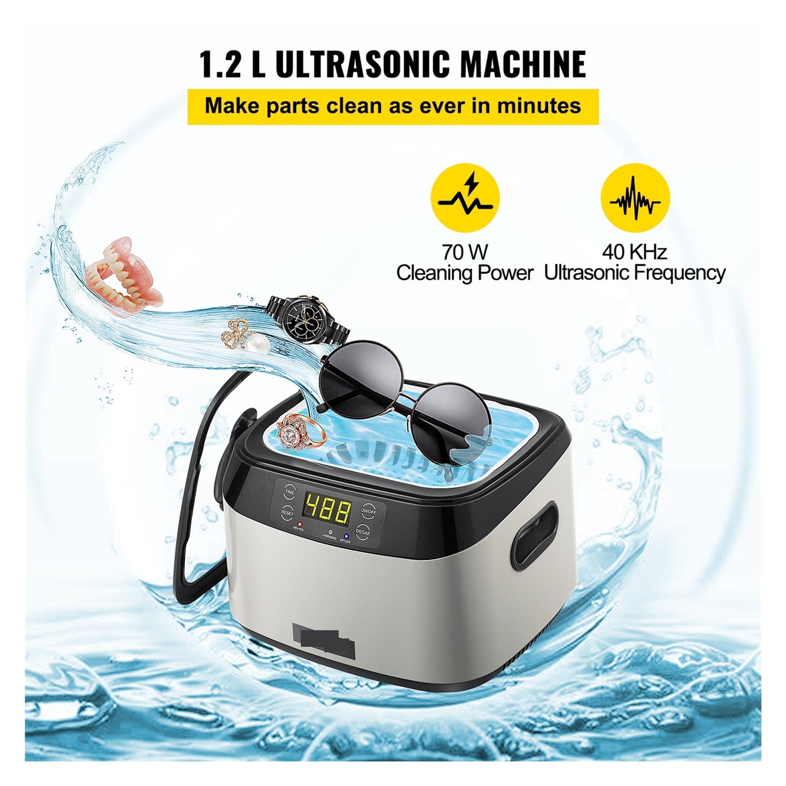 1.2L Ultrasonic Cleaner 40kHz Ultrasonic ABS Plastic & 304 Stainless Steel With Timer For Fruits Jewelry Glasses Watches ,Strong Cleaning