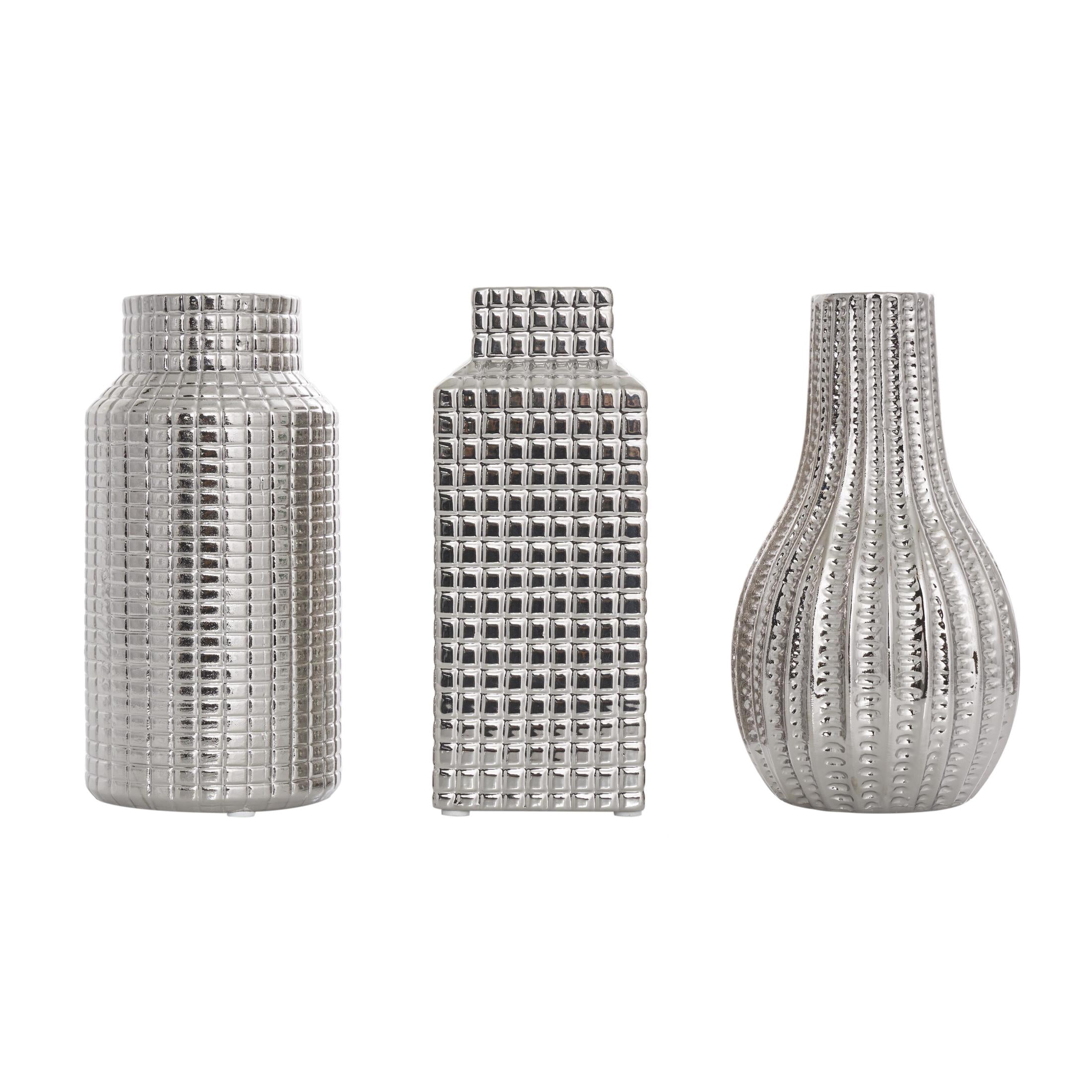 DecMode 3"W, 8"H Geometric Dimensional Textured Silver Ceramic Vase with Varying Shapes and Grid Patterns, Set of 3