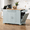Grey (Blue), variant on Fluted Kitchen Island with Rubber Wood Top, Trash Can Storage, Power Outlet, 3 Drawers & Open Side Racks, Mobile Kitchen Cart on 5 Wheels for 10 Gallon Garbage Bin, Grey(Blue)