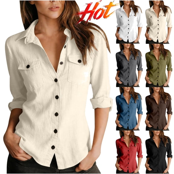 DONGYANZOM Cotton Linen Button Down Shirts for Women Long Sleeve Collared Work Casual Blouses Slim Fit Dressy Tops with Pockets Beige XXL