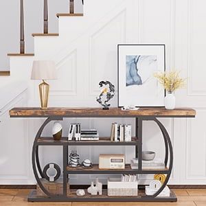 FUXJUM 63 Inch Long Console Table Industrial Sofa Table Behind Couch  Entryway Tables  Living-Room Hallway Foyer Accent Table 4 Tier Display Shelves Metal Frame