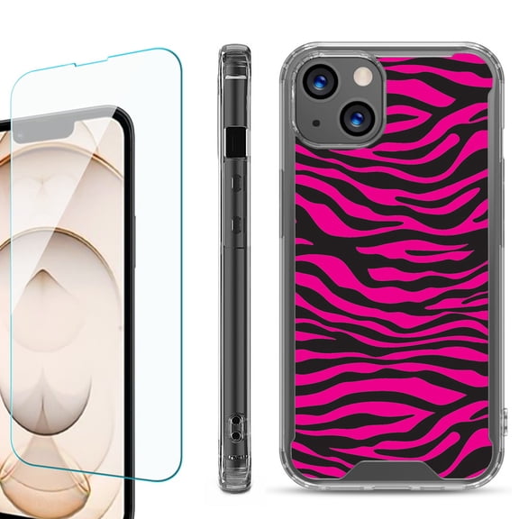Shockproof Bumper Phone Case for iPhone 13, with Tempered Glass Screen Protector, by OneToughShield ® - Zebra Pink