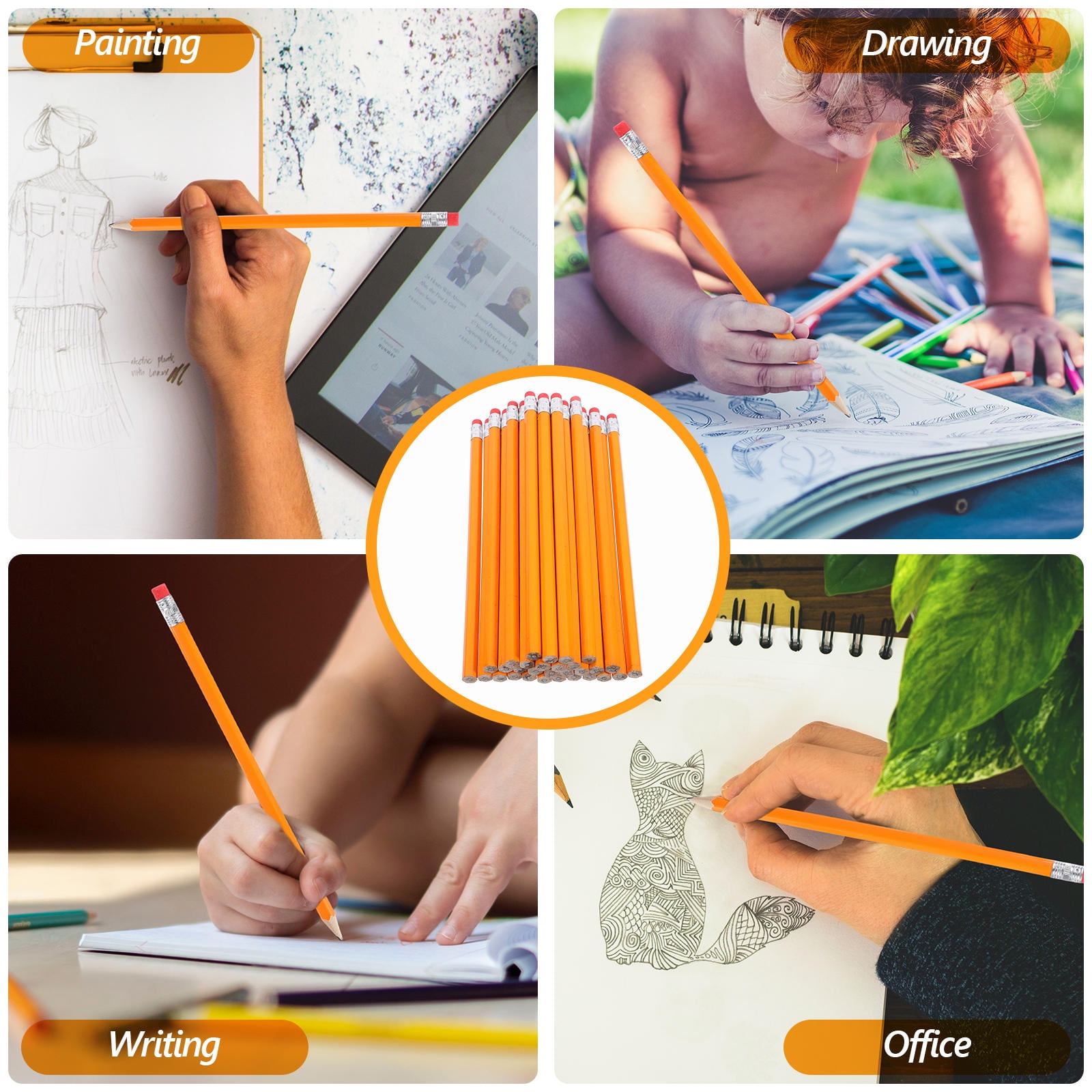 WHAMVOX Wood pencils with Erasers for Writing Use Orange Color Great for Students and Professionals 100 Pieces