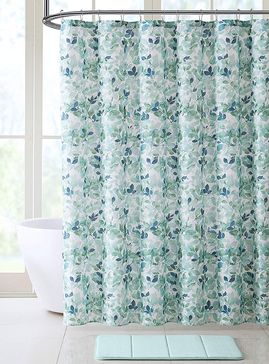Bathroom Fabric Shower Curtain Lush Nature Green Blue Teal White Leaf Pattern On Faux Linen Bathroom Fabric Shower Curtain Lush Nature Green Blue Teal White Leaf Pattern On Faux Linen