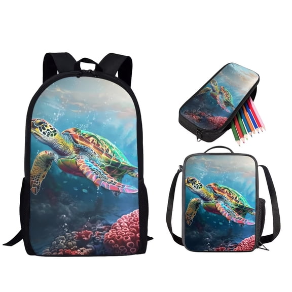 Tutolipy Sea Turtle Printed School Backpack Set with Lunch Box for Preschool, Large Backpacks Casual Knapsack with Lunch Bag and Pencil Pouch 3 in 1, School Supplies, Blue