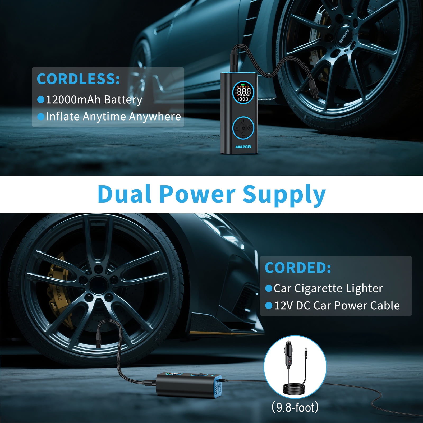 AVAPOW Tire Inflator, Portable Air Compressor 150PSI, Cordless Air Pump for Car Tires with Digital Gauge, Auto Shut-Off, for Car, Bike, Motorcycle Balls
