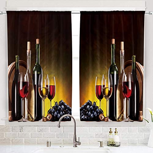 Cinbloo Wine Kitchen Curtains Rod Pocket 55 W X 39 L Inch Women Romantic Kitchen Decor Grapes Wine Bottles And Glasses Fruit Rustic Art Short Design Print Window Drapes 2 Panel Set Walmart Com