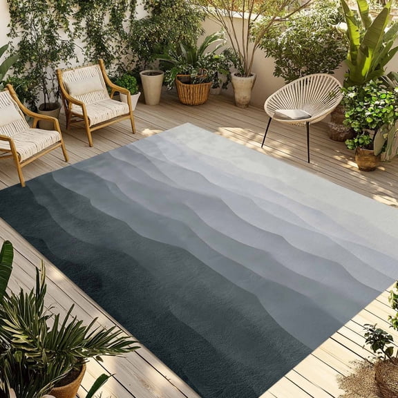 Grey Coastal Wave Outdoor Rug for Patio/Deck/Porch, Non-Slip Large Area Rug 3 x 5 Ft, Summer Ocean Nautical Beach Ombre Indoor Outdoor Rugs Washable Area Rugs, Reversible Camping Rug Carpet Runner