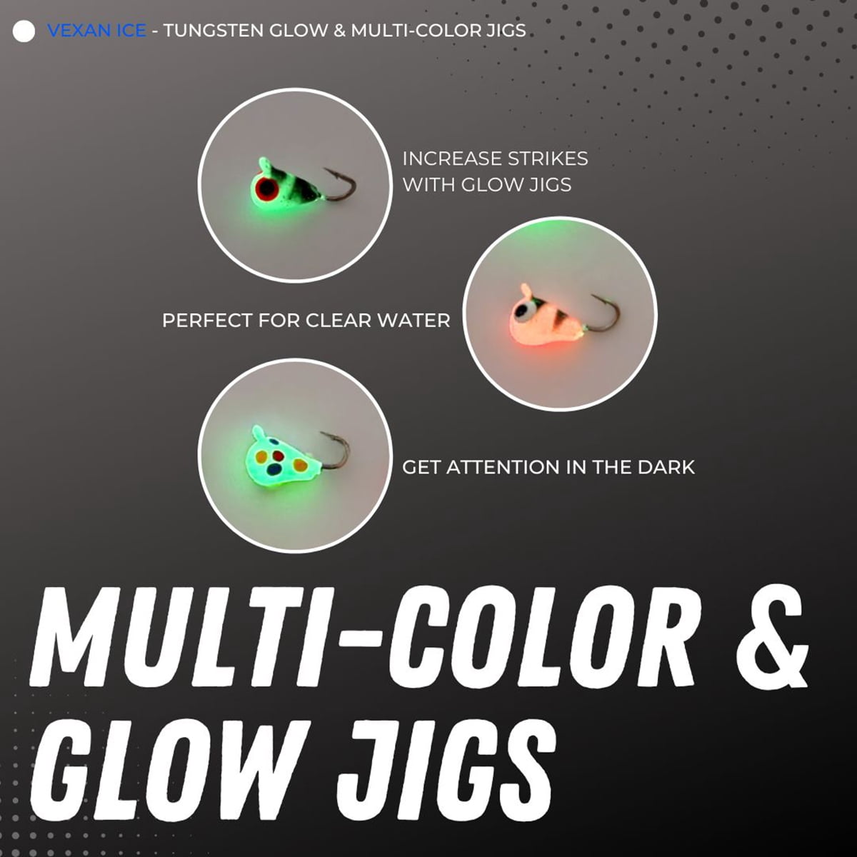 Vexan 12-Pack Tungsten Ice Fishing Jigs Glow & Multi-Color (1.1g, 4mm, #14 Hook)