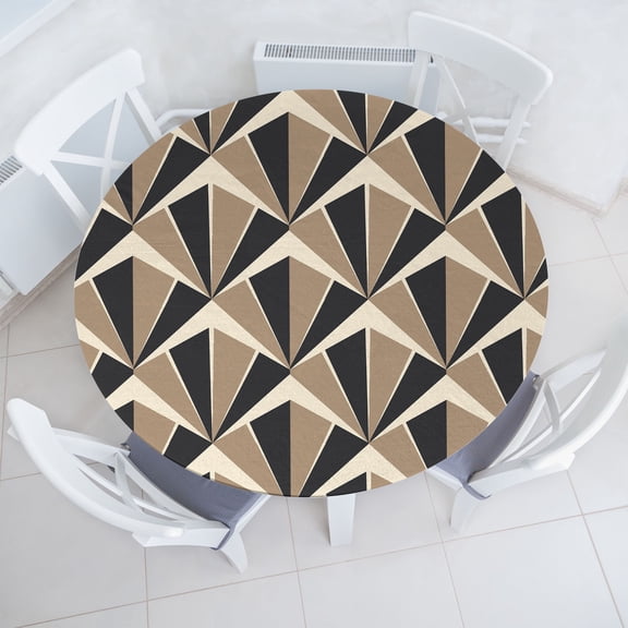 Ambesonne Abstract Fitted Round Tablecloth, Art Deco Geometrical Print, 56"- 60" Diameter, Warm Taupe and Dark Grey