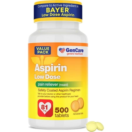 GenCare Low Dose Aspirin (NSAID) 81mg Pain Reliever for Adults, 500 Coated Tablets