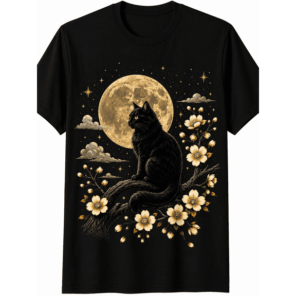 Women's Vintage Black Cat Moon Graphic T-Shirt Floral Night Sky Casual Crew Neck Short Sleeve Tee