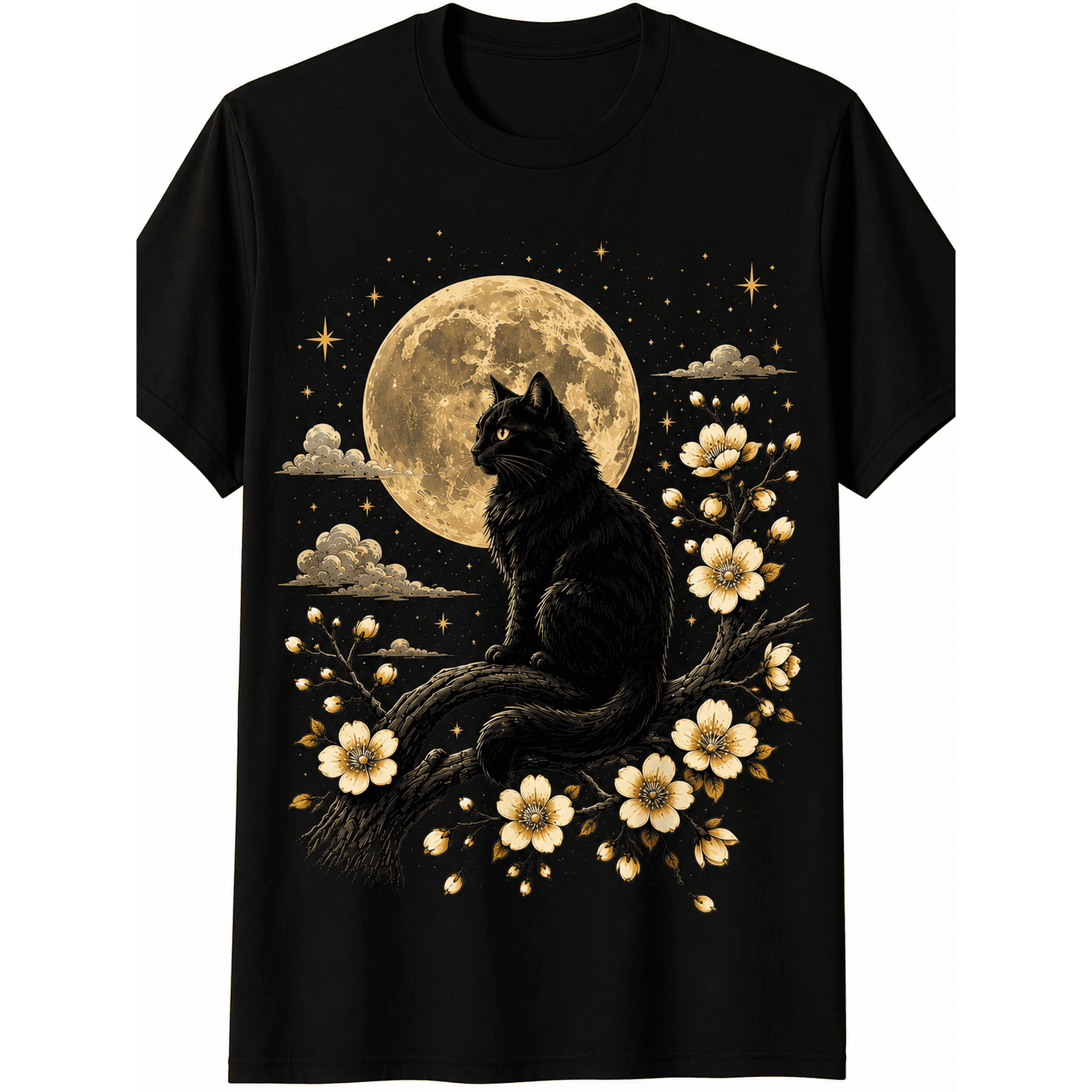 Women's Vintage Black Cat Moon Graphic T-Shirt Floral Night Sky Casual Crew Neck Short Sleeve Tee
