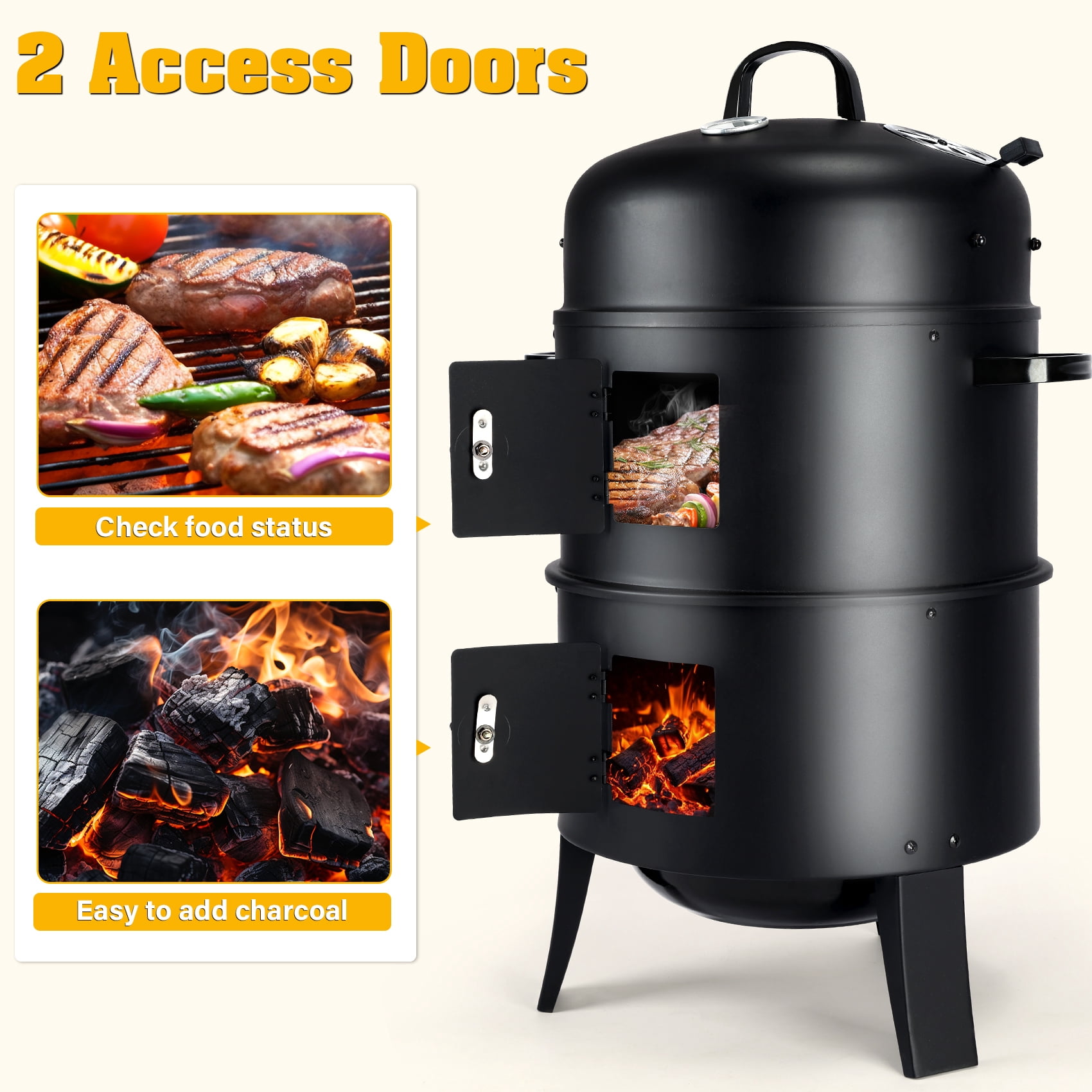 TCFUNDY Portable Charcoal Smoker Grills, 3-in-1 Outdoor BBQ Grill Smoker Cooking, Two-Layer Barbecue Grill Steel Meat Smoker