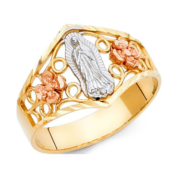 14k Tri Color Italian Solid Gold Guadalupe Ring with Flower 12mm