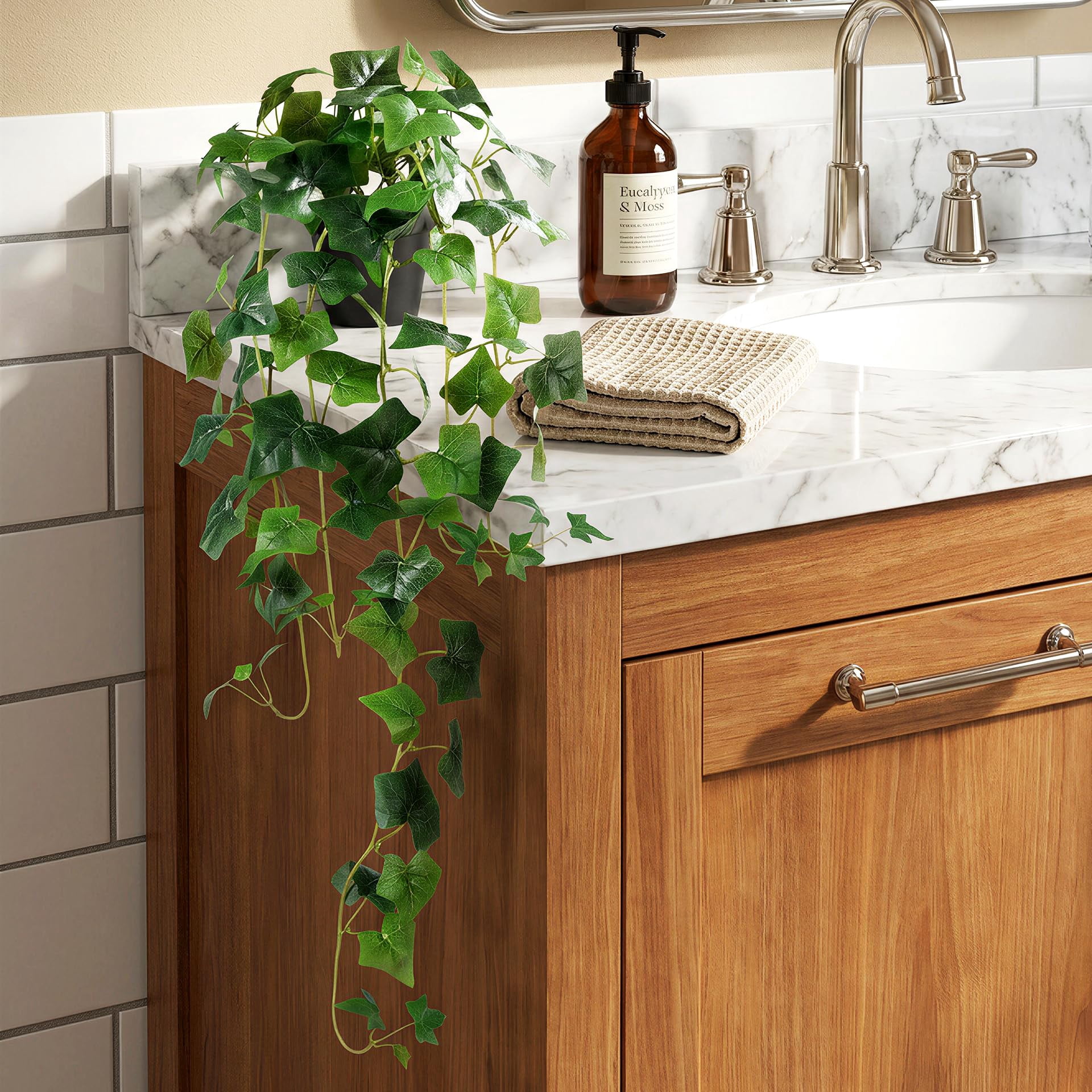 Fake Hanging Plants with Pots - Realistic Artificial Plant for Indoor Outdoor, 33In Silk Fake Potted Plants, 2PC Faux Ivy Vine for Shelf Tabletop Office Decor, Dark Green