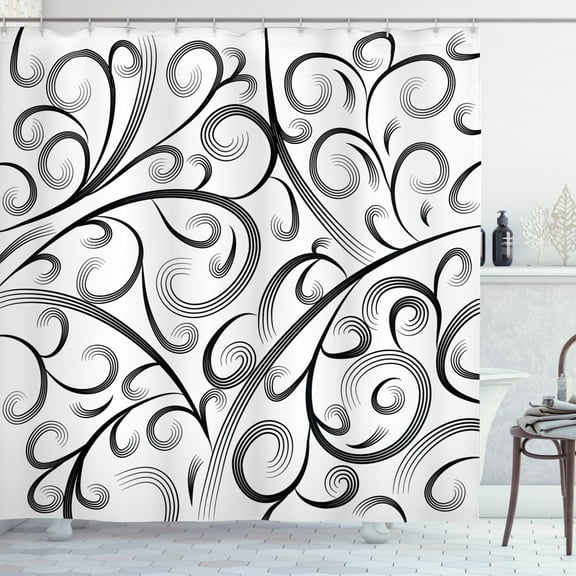 Ambesonne Abstract Shower Curtain, Curvy Lines Art, 69"Wx75"L, Charcoal Grey and White