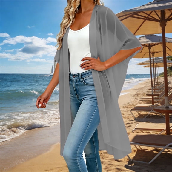 Women's Kimono Swimsuit Coverups Lightweight Summer Casual Open Front Cardigans(Grey,L)