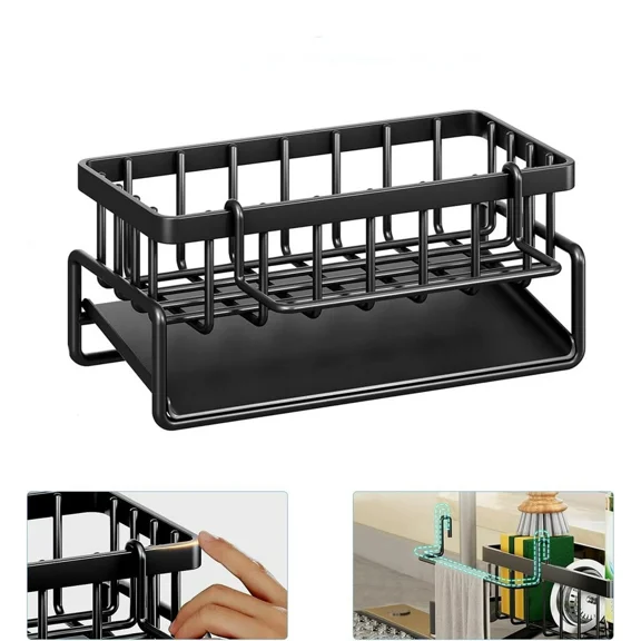 Black Kitchen Sink Storage Rack,Rustproof Stainless Steel Sponge Holder,Topboutique Dish Racks for Kitchen Counter with Detachable Dishcloth Rack,Kitchen Sink Organizer