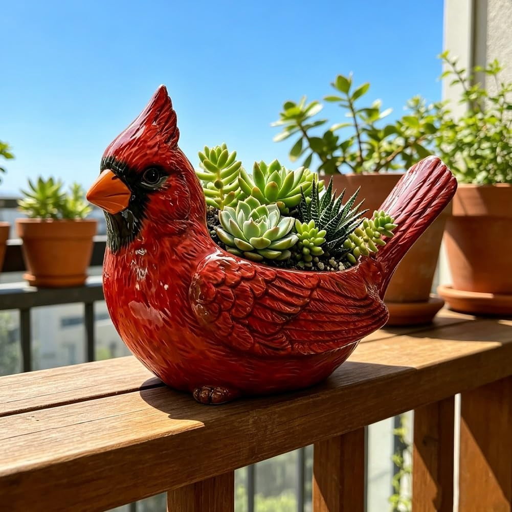 Cardinal Bird Succulent Planter – Red Resin Cardinal Outdoor Decor Planter – Decorative Animal Flower Pot for Garden, Patio, Balcony – Gift for Bird Lovers (2PCS)