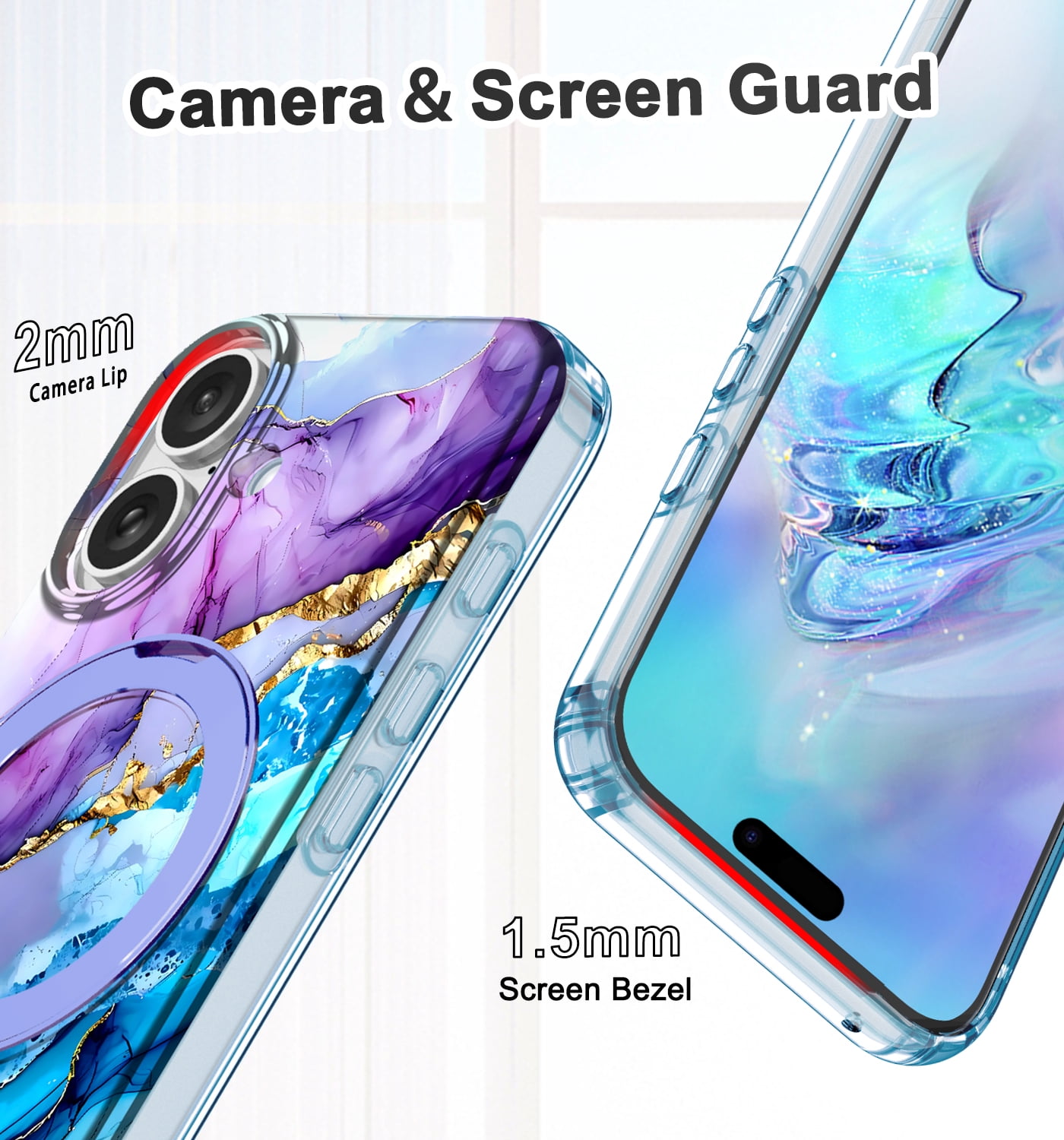 CASEFIV for iPhone 16 Plus Case,with Magnetic Invisible Ring Stand [Compatible with MagSafe],Full Body Rugged Slim Women Men Girl Shockproof Marble Pattern Design Case,Blue