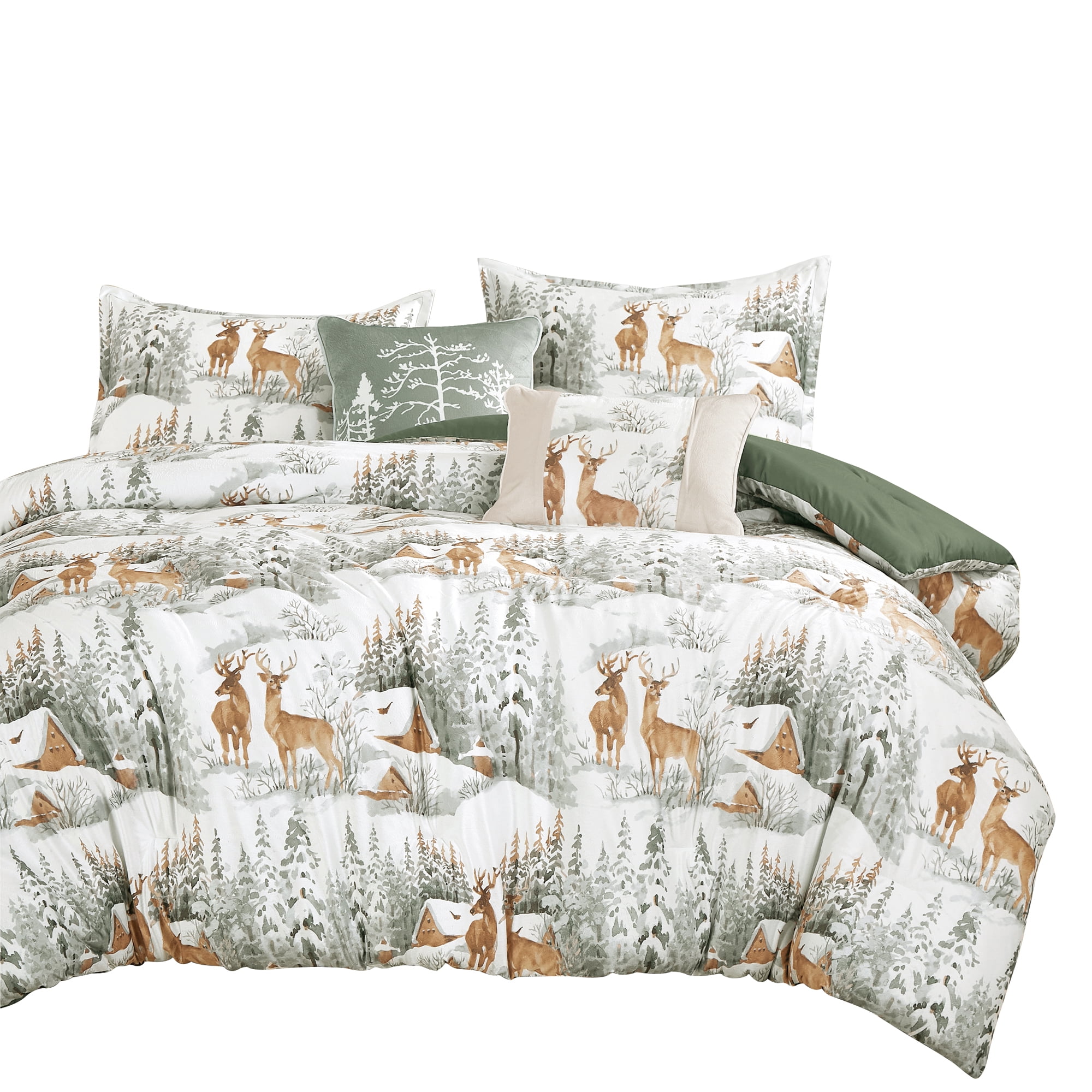 5-Piece Velvet Comforter Set, Rustic Forest Deer Print Bedding Sets,King