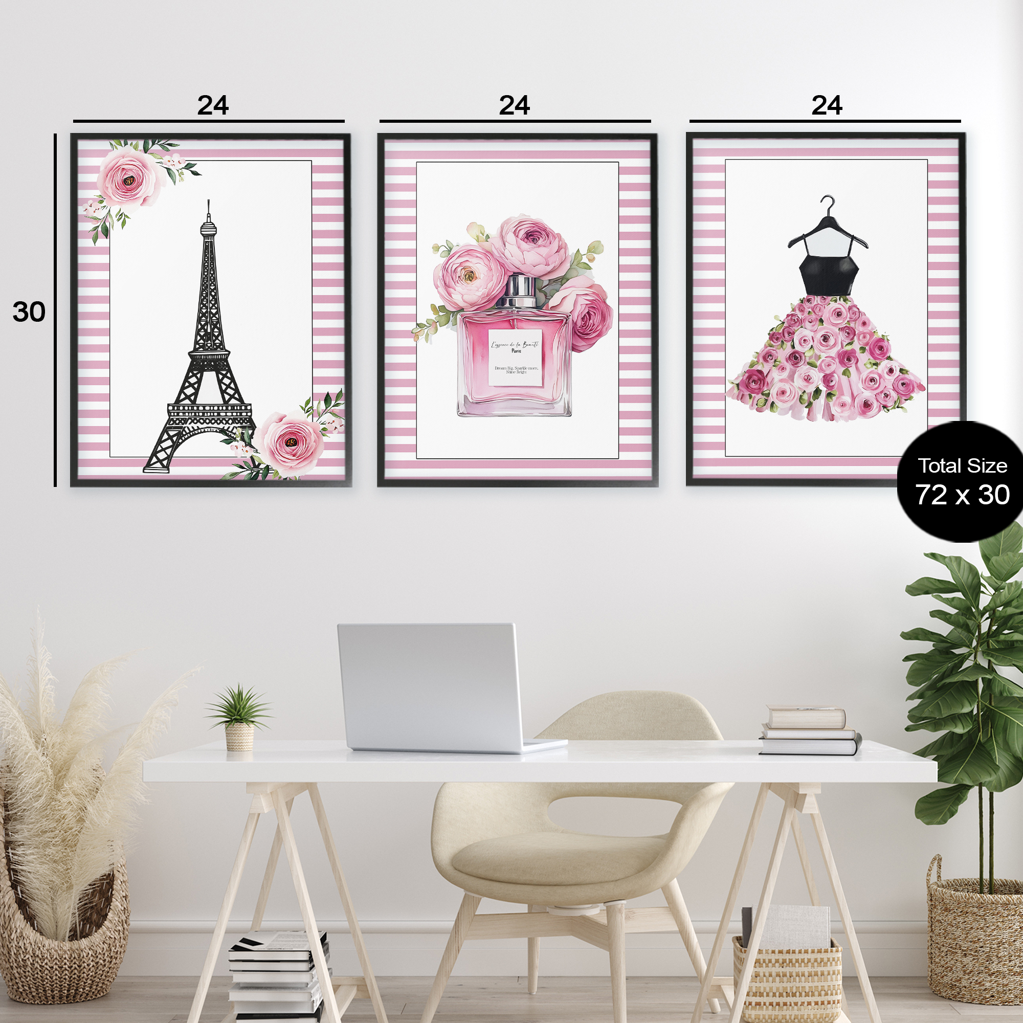 Parisian Glam with Stripes 3 Piece Black Framed Giclee Art Set, design by Christine Simpson Art