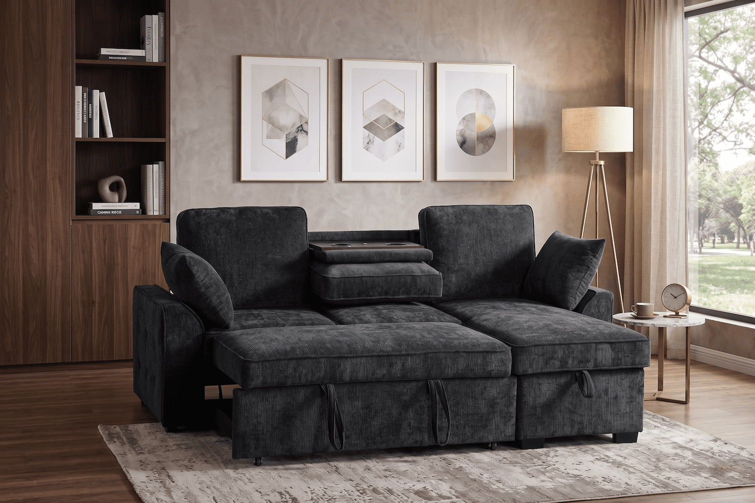 86" Sectional Sofa for Living Room, Convertible L Shaped Sleeper Couch with Pull Out Bed, Modular Chenille Sectional Couch with Storage Chaise, Cup Holders & Removable Tray, Adjustable Backrests